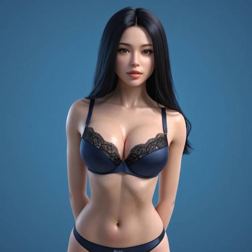 Woman in Black Lace Bra on Blue Background