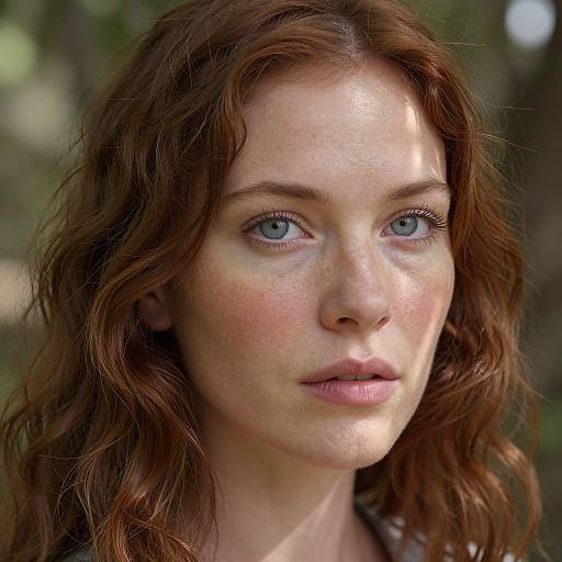 Close-up photograph of a fair-skinned woman with blue eyes, wavy auburn hair, and freckles, looking intently forward in