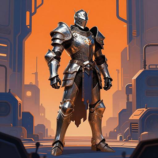 Digital art of a futuristic, armored knight with a star emblem, standing in a neon-orange, sci-fi cityscape with towering structures.