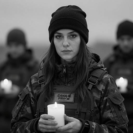 Woman Soldier Holding Candle in Black and White