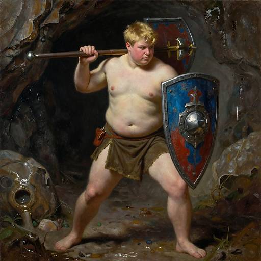 A chubby, shirtless, blond Viking warrior with a brown loincloth, holding a hammer and shield, stands in a dark, rocky cave.