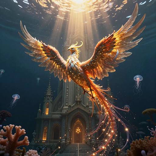 Bioluminescent Coral Phoenix in Submerged Cathedral