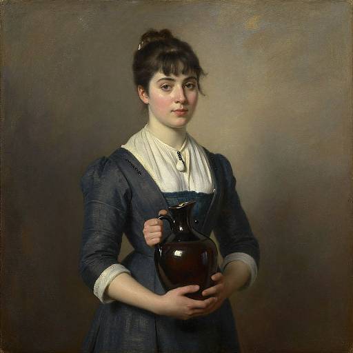 Classical portrait painting of a young woman with dark hair in a bun, wearing a blue dress and white blouse, holding a brown ceramic jug. Soft