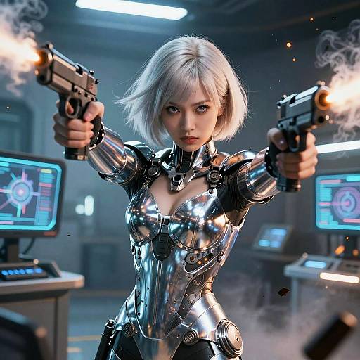 Digital artwork of a silver-haired, cybernetic woman in a shiny, metallic suit, dual-wielding handguns, firing in a futuristic, dimly