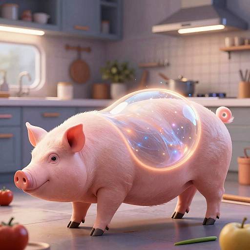 CGI image of a pink pig with a glowing, transparent bubble encasing its back, standing in a modern, blue-tinted kitchen.