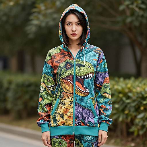 Photograph of an East Asian woman with short black hair, wearing a colorful dinosaur-themed hoodie, standing outdoors with blurred greenery background.