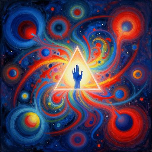 Vibrant digital art: glowing triangular light source with blue hand silhouette, surrounded by swirling red, blue, and yellow cosmic patterns.