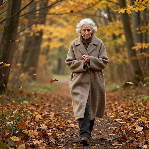 Elderly Woman Walking Autumn Forest