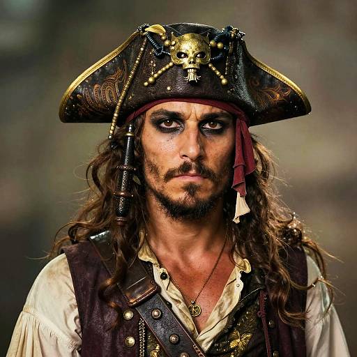 Photograph of a rugged pirate with long brown hair, dark eyes, and a beard, wearing a black tricorn hat adorned with gold chains and a