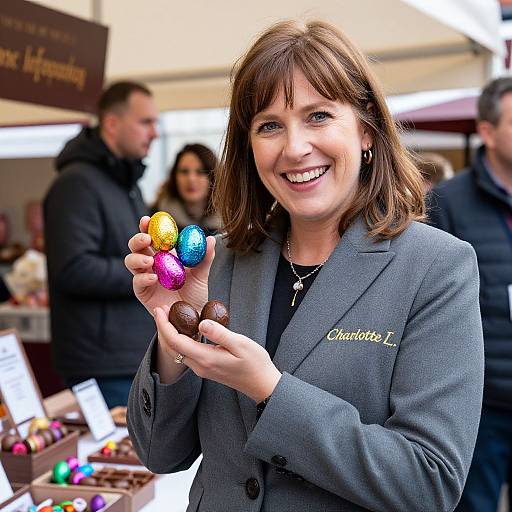 Woman Presenting Colorful Chocolate Eggs