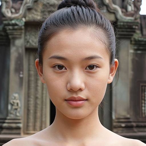 Photograph of an Asian woman with fair skin, black hair in a bun, neutral expression, standing in front of an ancient, weathered stone temple
