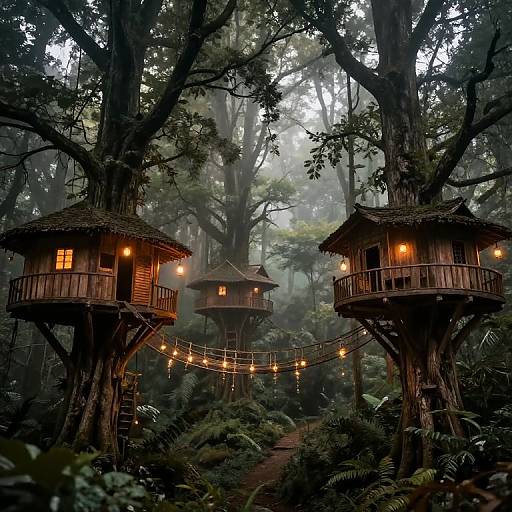 Photograph of two wooden treehouses with lanterns, connected by a string of fairy lights, nestled in a dense, misty forest.