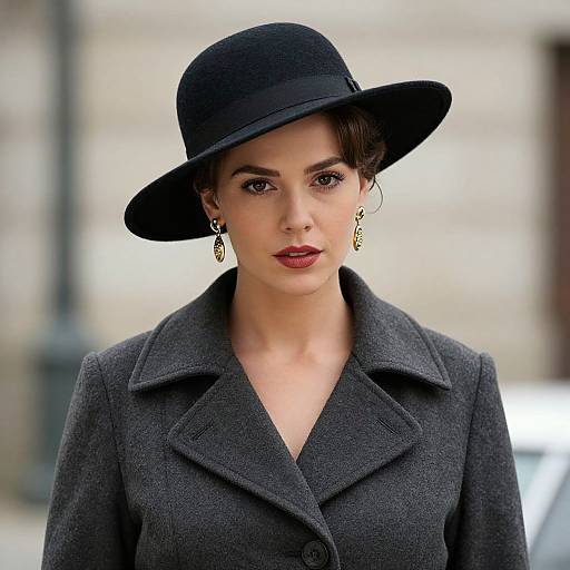 Photograph of a beautiful woman with fair skin, dark brown eyes, and red lipstick, wearing a black wide-brim hat, dark gray coat,
