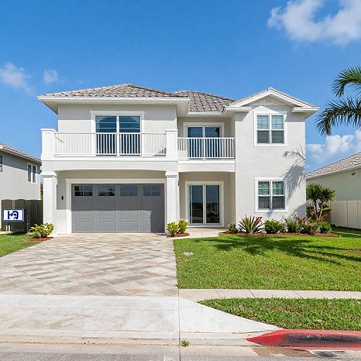 Photograph of a modern, two-story white house with a gray shingled roof, two balconies, and a white garage door, set against