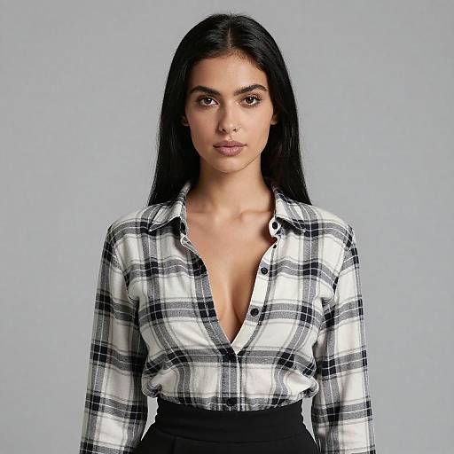 Woman in Plaid Shirt with Low Neckline