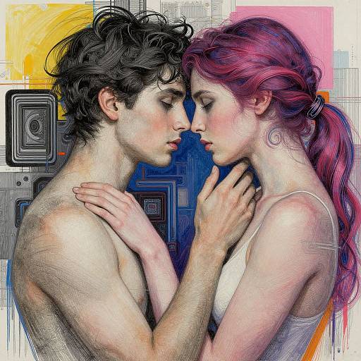 Digital painting of a romantic, intimate moment between a dark-haired man and a pink-haired woman, both topless, touching foreheads against a geometric,