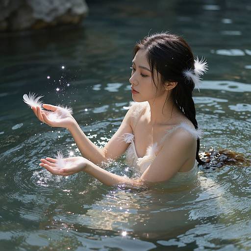 Photograph of a fair-skinned, topless woman with wet black hair, gently holding glowing feathers in a sunlit, clear blue water.