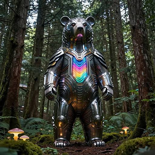 Futuristic Metallic Bear Sculpture in Forest