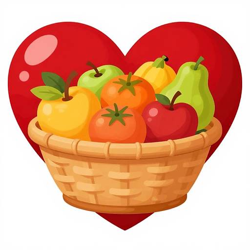 Digital illustration of a woven basket filled with colorful fruits (tomatoes, pears, apples) against a large red heart background.
