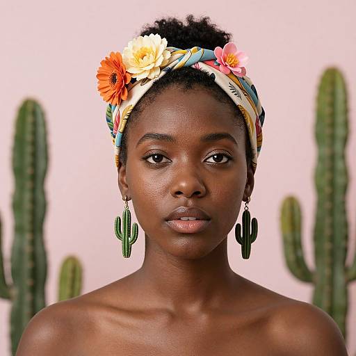 Photograph of a young Black woman with dark skin, wearing a colorful flower headband, cactus earrings, and no shirt, against a pink background