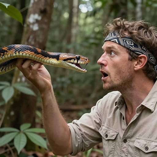 Man Facing Large Snake in Forest