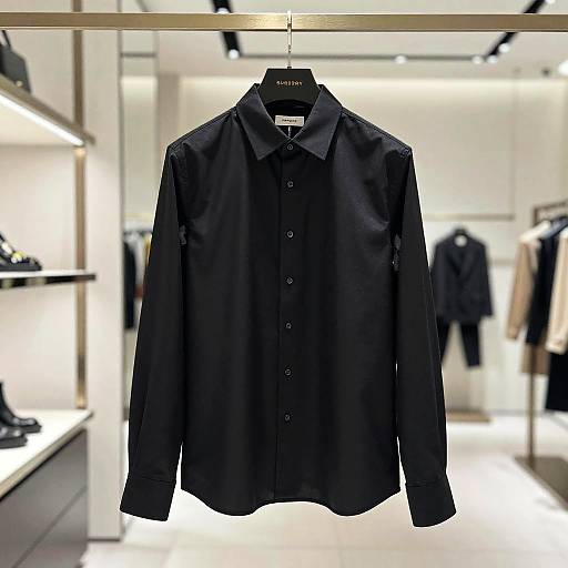 Photograph of a black button-down shirt hanging in a brightly lit, modern clothing store with blurred background displays and shelves.