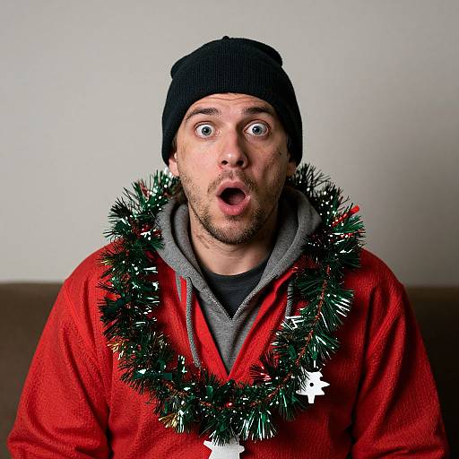 Photograph of a surprised man with wide eyes, black beanie, red hoodie, and Christmas tinsel around his neck, against a plain white