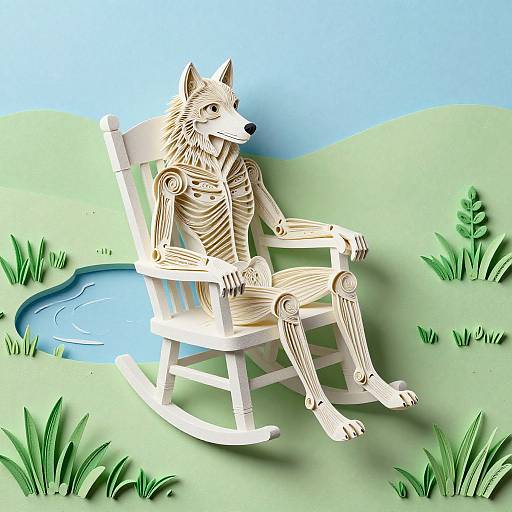 Digital illustration of a skeletal anthropomorphic wolf in a white rocking chair, sitting by a small blue pond in a grassy field.