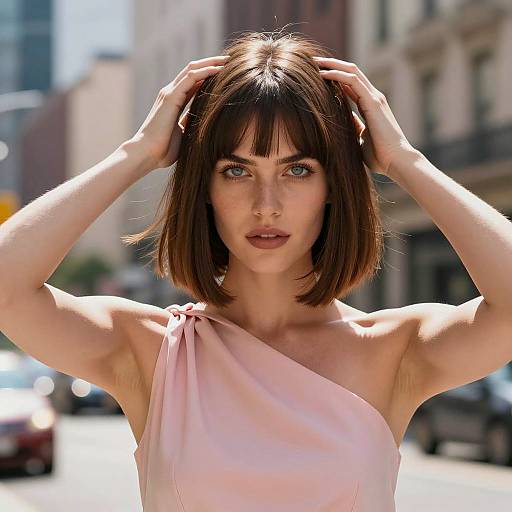 Portrait of Woman with Brown Bob Hair in Pink Dress