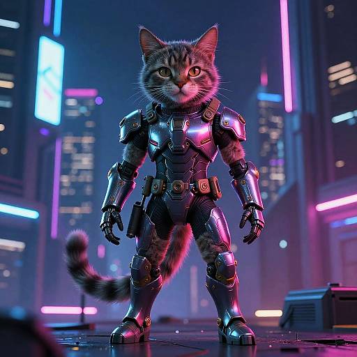 Digital CGI of a tabby cat in metallic, futuristic armor standing confidently in a neon-lit, cyberpunk cityscape at night.