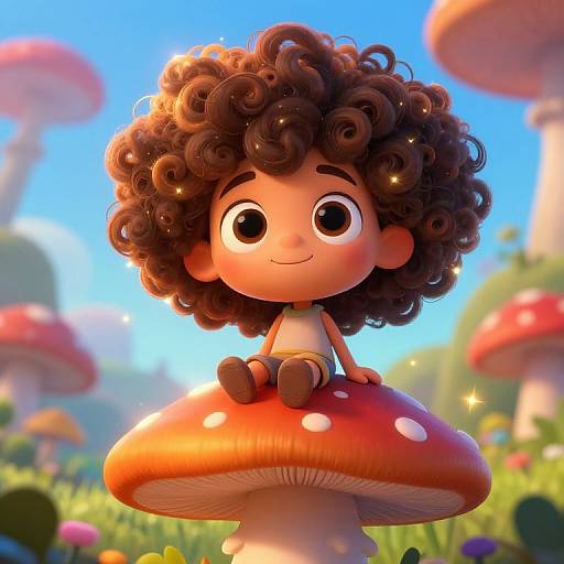 Cute cartoon child with curly brown hair and big eyes sits on a red mushroom in a whimsical, colorful forest. Digital art with bright, cheerful