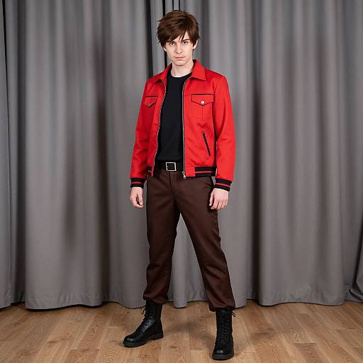 Photograph of a young man with dark brown hair, wearing a red jacket, black shirt, brown pants, and black boots, standing in front of