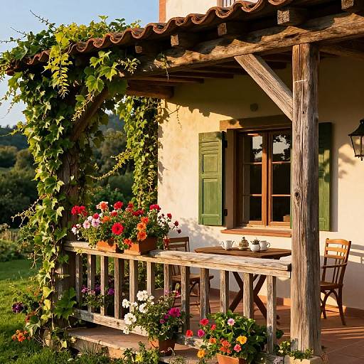 Photograph of a sunlit, rustic wooden porch with lush greenery, colorful potted flowers, and green shutters, overlooking a serene garden.