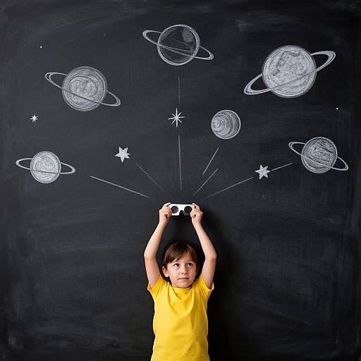 Photograph of a young boy in a yellow shirt, holding a camera above his head, standing in front of a blackboard with white chalk drawings of