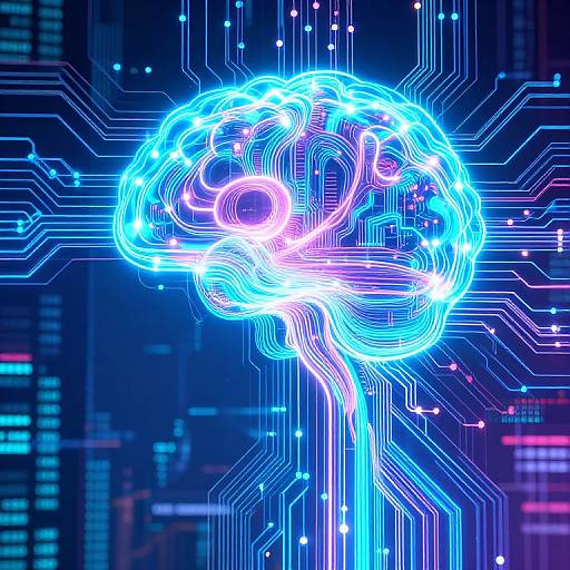 Neon blue and white digital drawing of a glowing brain on a circuit board background, with city lights blurred in the background. Cyberpunk style, futuristic