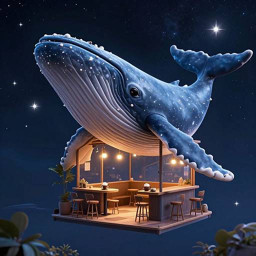 Digital illustration of a whimsical, starry night scene featuring a glowing, giant blue whale hovering over a warmly lit, modern bar with stools and plants