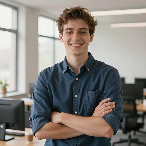 Photograph of a young man with curly brown hair, smiling, wearing a blue button-up shirt, arms crossed, in a bright office with large windows