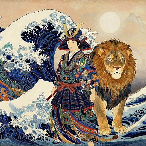 Colorful digital illustration of a samurai in ornate armor standing beside a majestic lion, with a large, dynamic wave behind them. Sun shining in