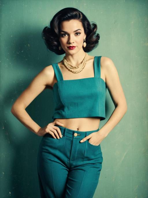 Retro Style Woman in Teal Outfit
