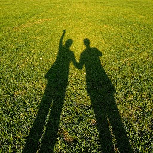 Photograph of two shadowy figures with raised arms standing on a bright green, sunlit grass field, casting long, dark shadows.
