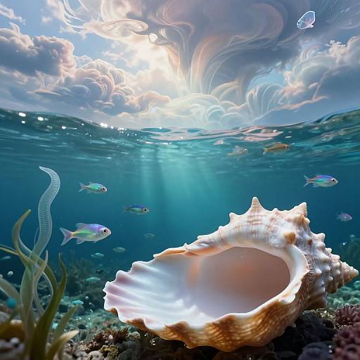 Underwater photograph of a large, textured conch shell on a coral reef, surrounded by colorful fish and illuminated by sunlight filtering through swirling clouds above.