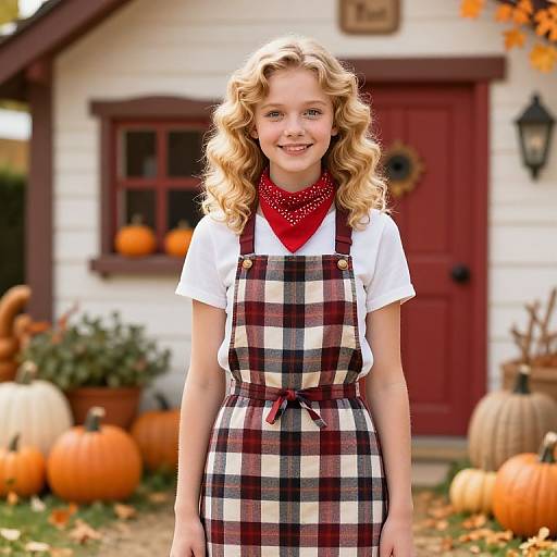 Photograph of a smiling blonde girl with curly hair, wearing a red bandana, white shirt, and plaid apron, standing in front of