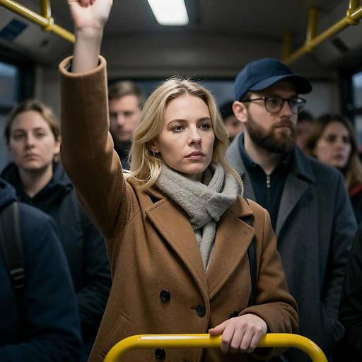 Crowded Bus Scene with Serious Passengers
