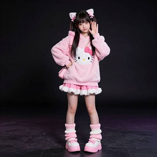 Photograph of an Asian girl in a pink Hello Kitty hoodie, white bow headband, pink ruffled skirt, leg warmers, and pink boots