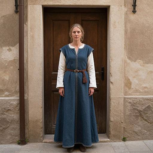 Photograph of a blonde woman in a blue denim dress with white sleeves and brown belt, standing in front of a wooden door in a textured, beige