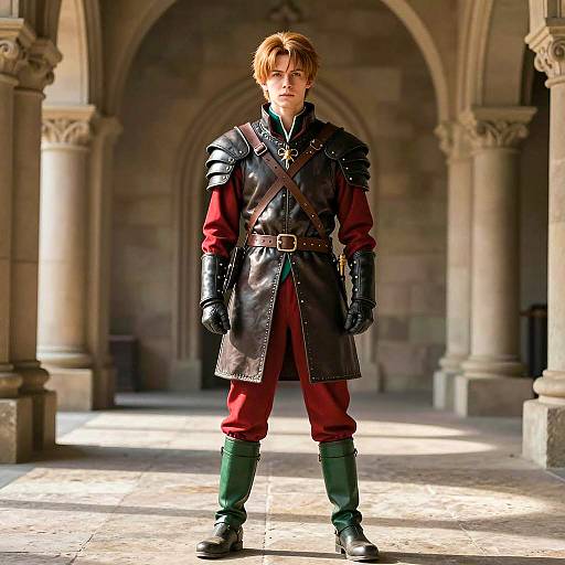 Young Man in Medieval Leather Armor Costume