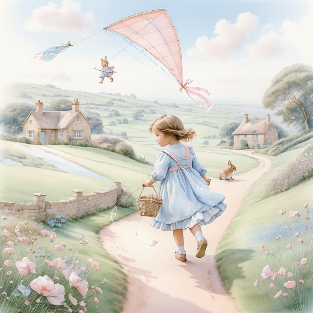 Charming Pastel Scene with Young Girl and Kite