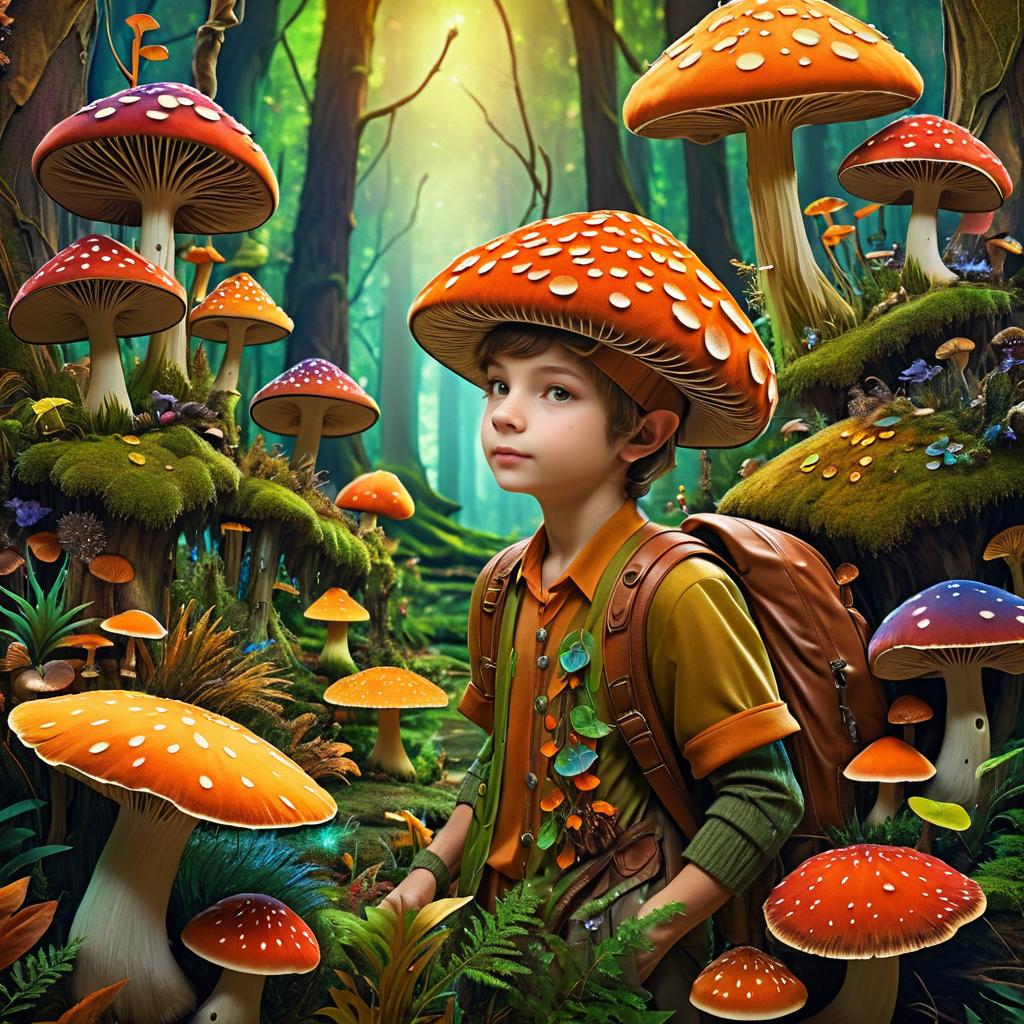 Whimsical Mushroom Boy Amidst Fungi Wonderland