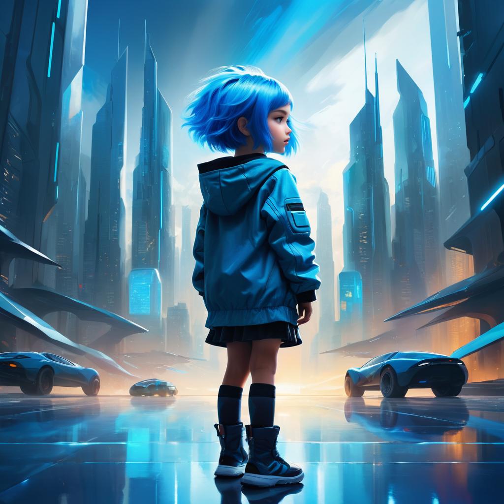 Futuristic Cityscape with Blue-Haired Child