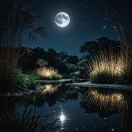Moonlit Zen Garden River Reflection